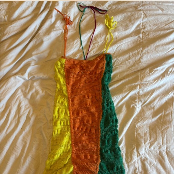 Zara orange, green, and yellow color block knit mini dress - Picture 1 of 4